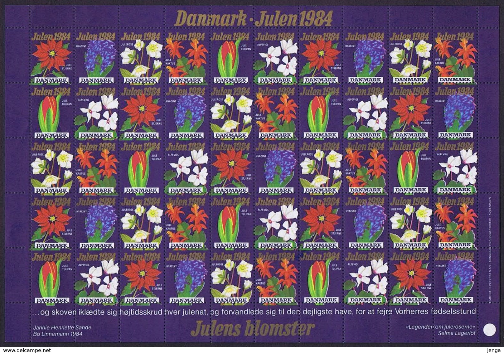 Denmark; Christmas Seals.  Full Sheet 1984; Christmas Flowers;  MNH (**) - Ganze Bögen