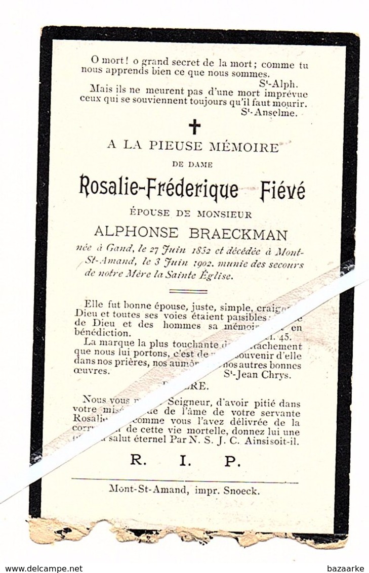 ROSALIE-FREDERIQUE FIÉVÉ ° GAND 1832 + MONT- ST- AMAND 1902 / ALPHONSE BRAECKMAN - Devotieprenten