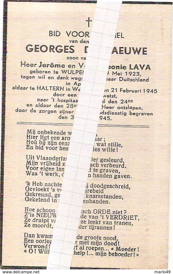 DP. OORLOG 40-45   GEORGES DEGRAEUWE ° WULPEN 1923 - + HALTEREN DOOR BOM GEWETST 1945 - Godsdienst & Esoterisme