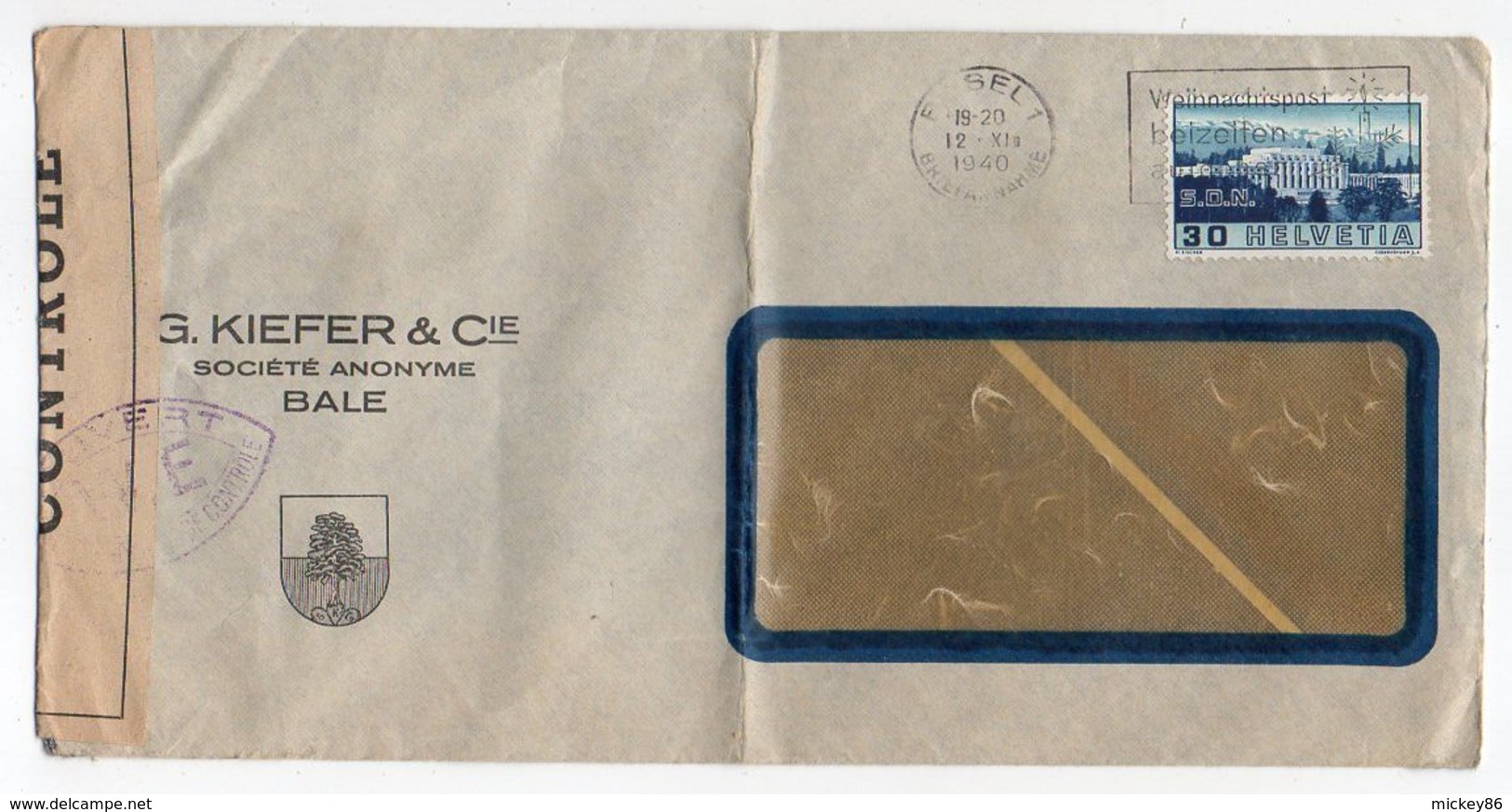 Suisse-1940-Lettre CENSUREE (W.E) De Bâle Pour La France -timbre --cachet -- Personnalisée  G.KIEFFER & Cie - Storia Postale