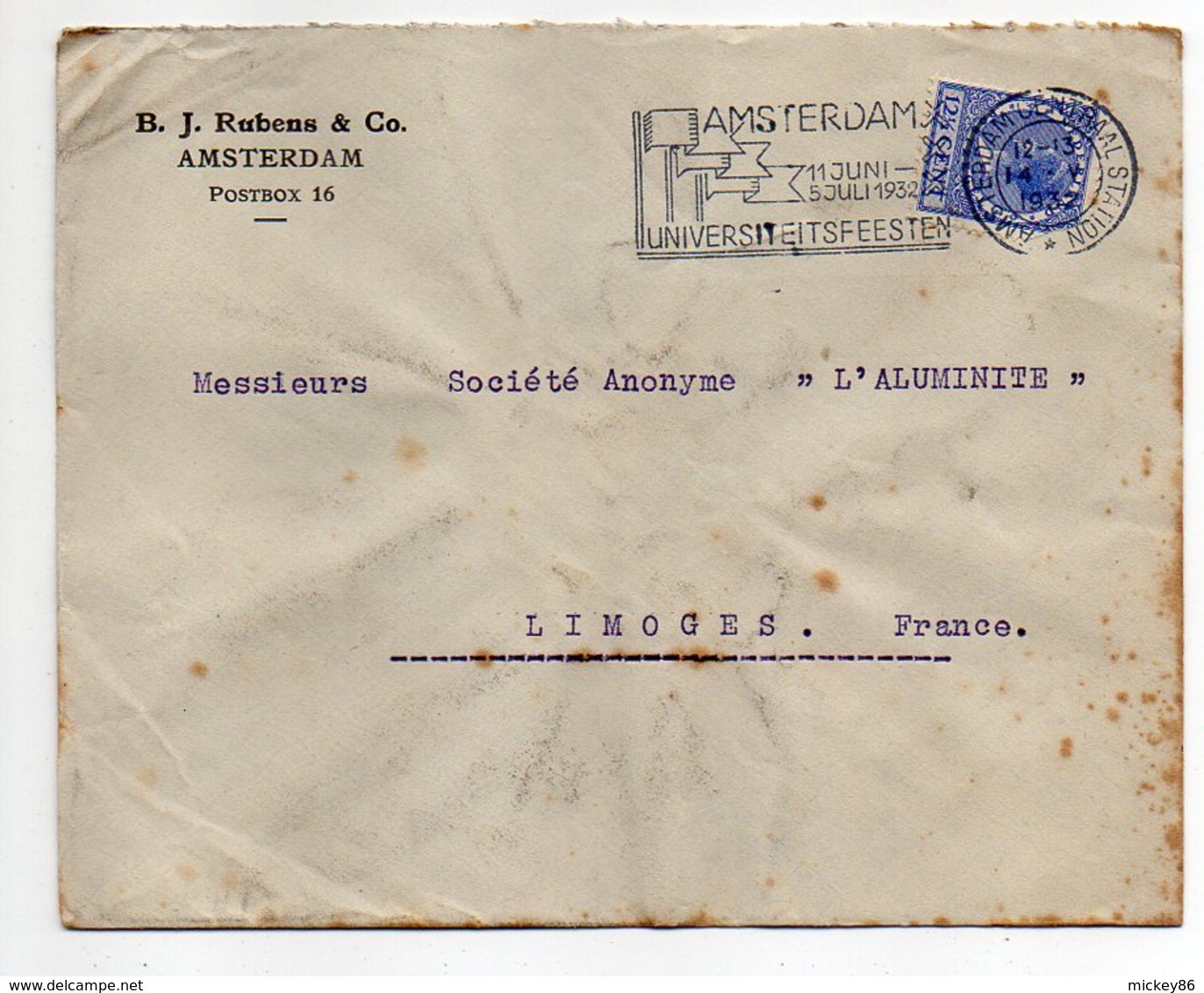 Pays-Bas-1932-Lettre D'AMSTERDAM  Pour LIMOGES (France) -timbre --cachet -- Personnalisée  B.J Rubens & Co - Cartas & Documentos