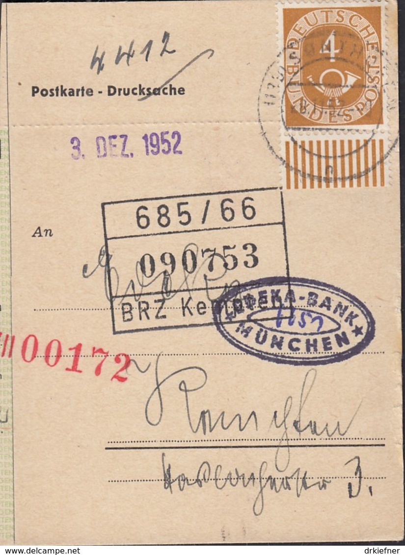 BRD 124 EF Auf Scheckkartenabschnitt Drucksache Mit Stempel: Sonthofen 28.11.1952 - Briefe U. Dokumente