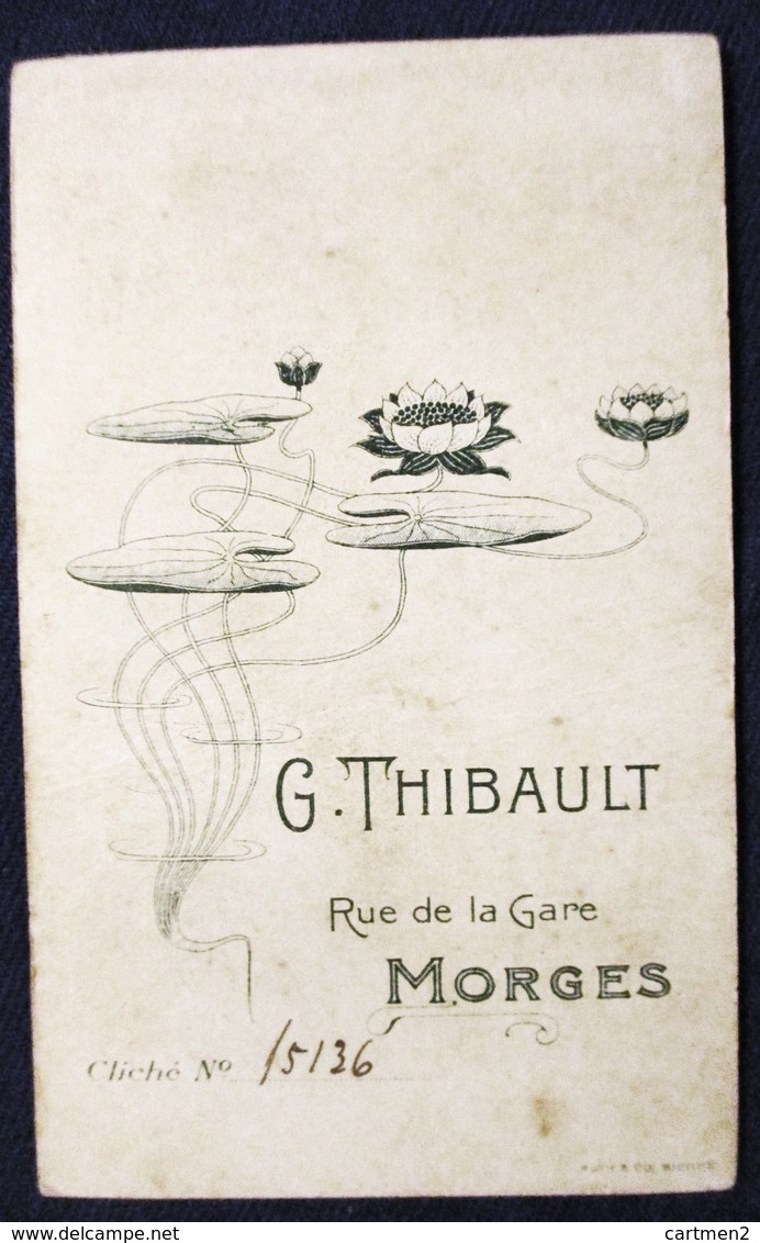 MORGES SUISSE BELLE PHOTO CDV AU DOS ART NOUVEAU PUBLICITE PHOTOGRAPHE G. THIBAULT BIENNE BEBE NU - Anciennes (Av. 1900)