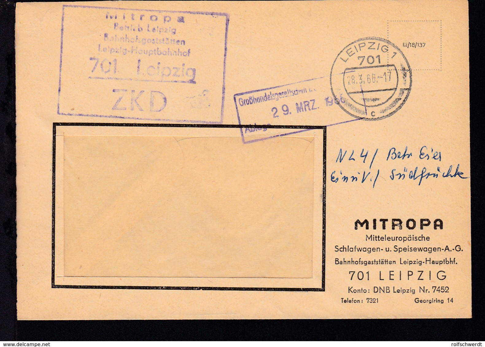 1966 ZKD-Fensterbrief Der MITROPA  Bahnhofsgaststätten Leipzig-Hauptbahnhof - Sonstige & Ohne Zuordnung