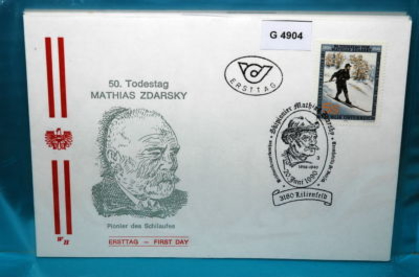 FDC-G4904 50.Tt. Mathias Zdarsky, Begr. Skifahrt-Technik, SSt. Lilienfeld, AT 90 - FDC