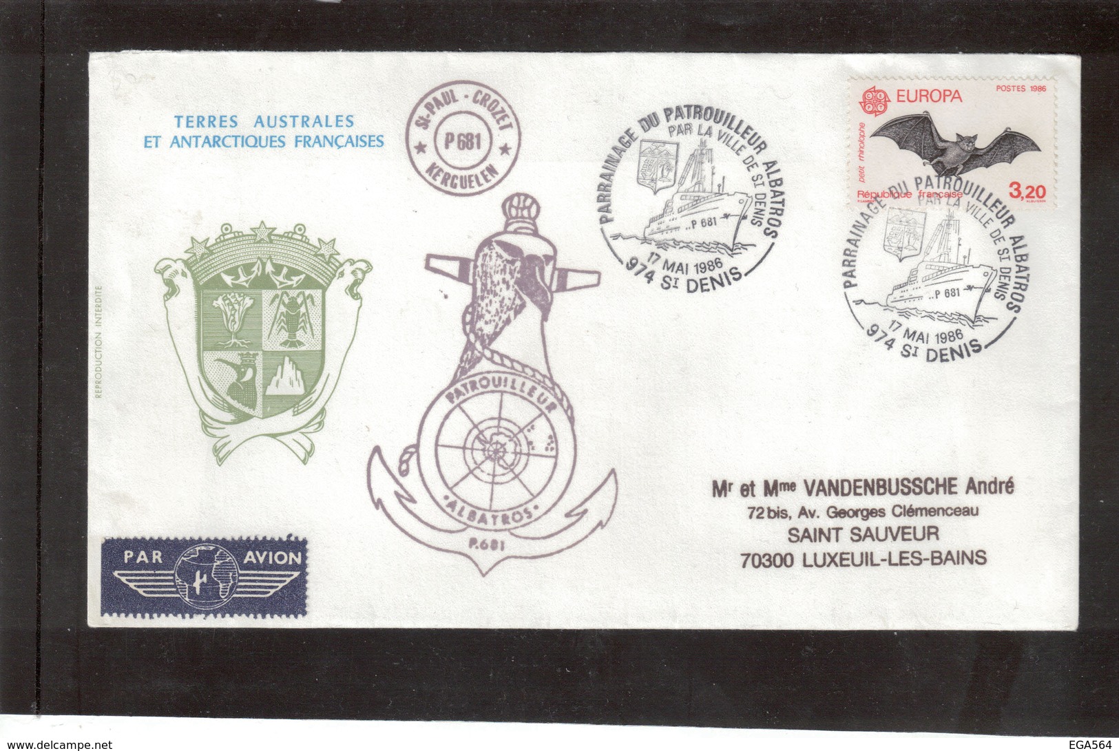 15 - TAAF Réunion Du 17.12.86 Sur Timbres France. Cahets De L' ALBATROS Et Parrainage Par VILLE De St Denis. - Lettres & Documents