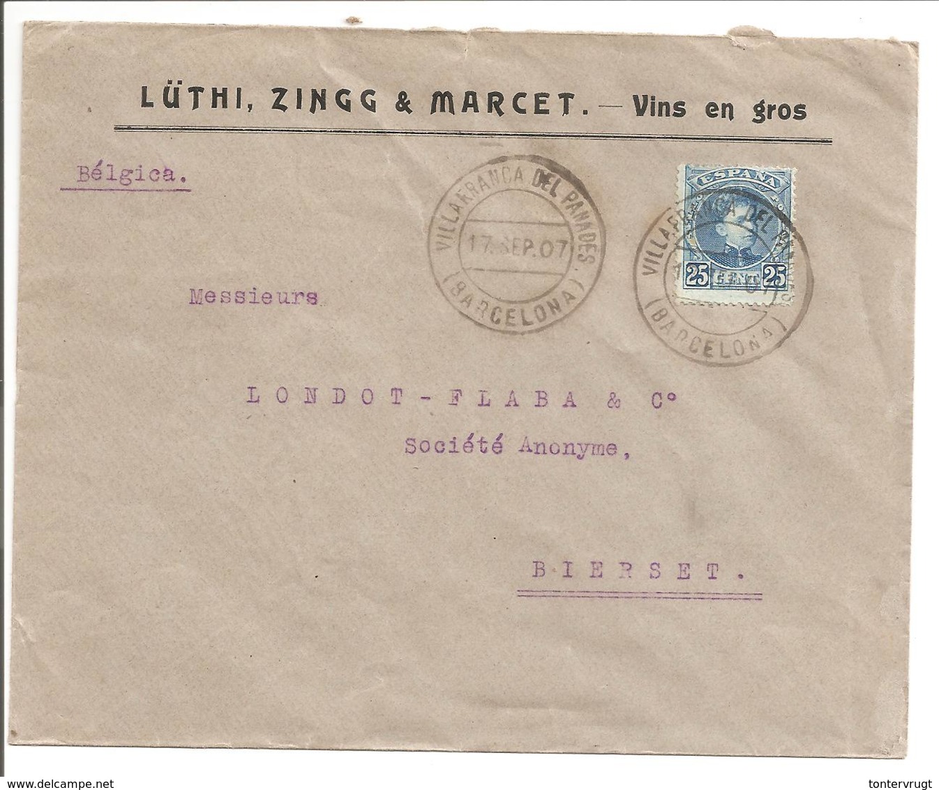 Alfonso XIII Cadete.25c Seul. Lettre Publicidad Vins En Gros Villafranca Del Panades>Belgique Bierset-Awans - Cartas & Documentos