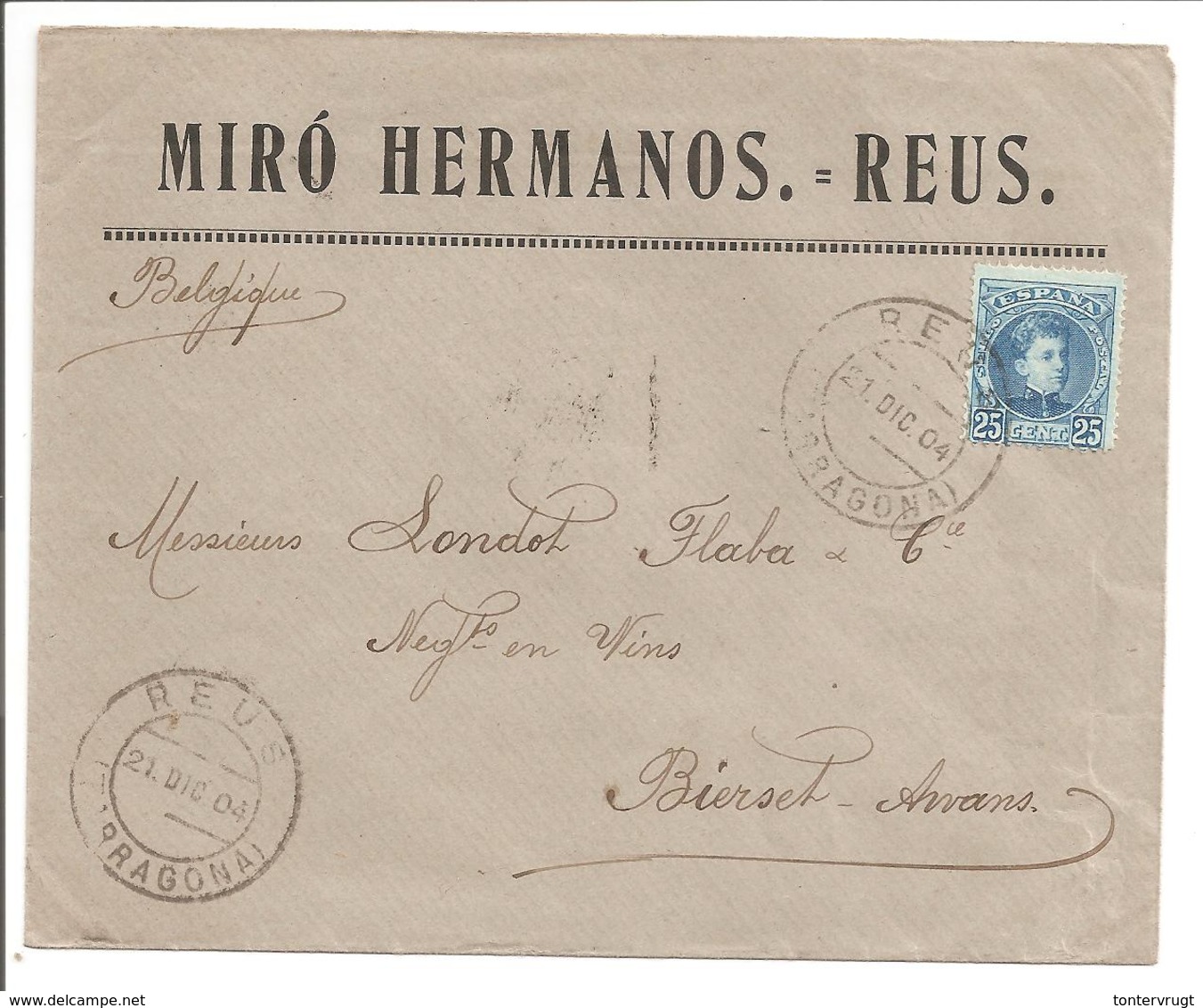 Alfonso XIII Cadete.25c Seul. Lettre Publicidad Miró Hermanos.Reus>Belgique Bierset-Awans - Cartas & Documentos