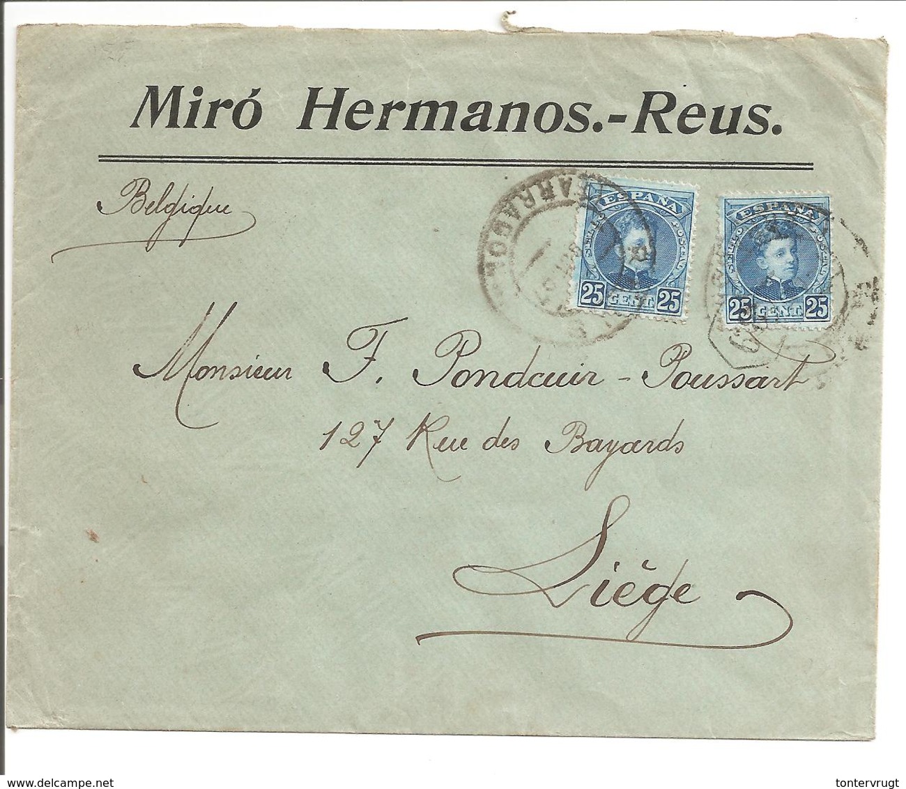 Alfonso XIII Cadete.25c Doble Tasa. Lettre Publicidad Miró Hermanos.Reus>Belgique Liege - Cartas & Documentos