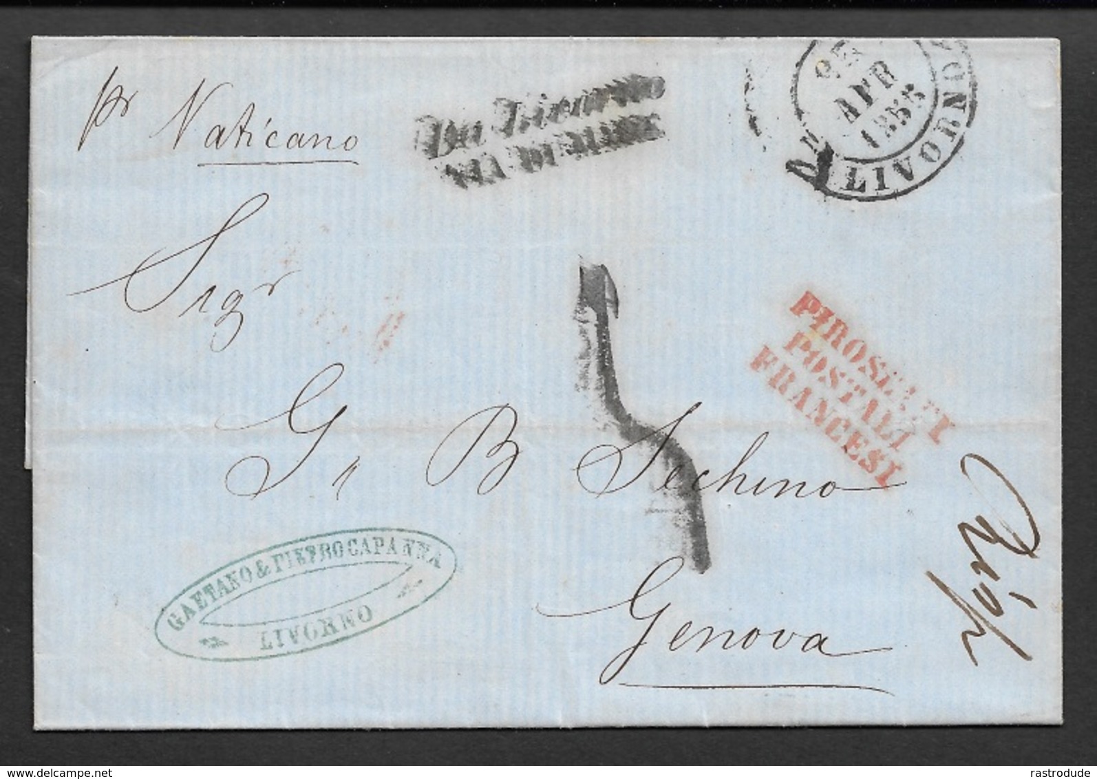 1855 VIA DI MARE - Lettera Da LIVORNO A GENOVA 1855."PIROSCAFI POSTALI FRANCESI" - Pr VATICANO - Tuscany