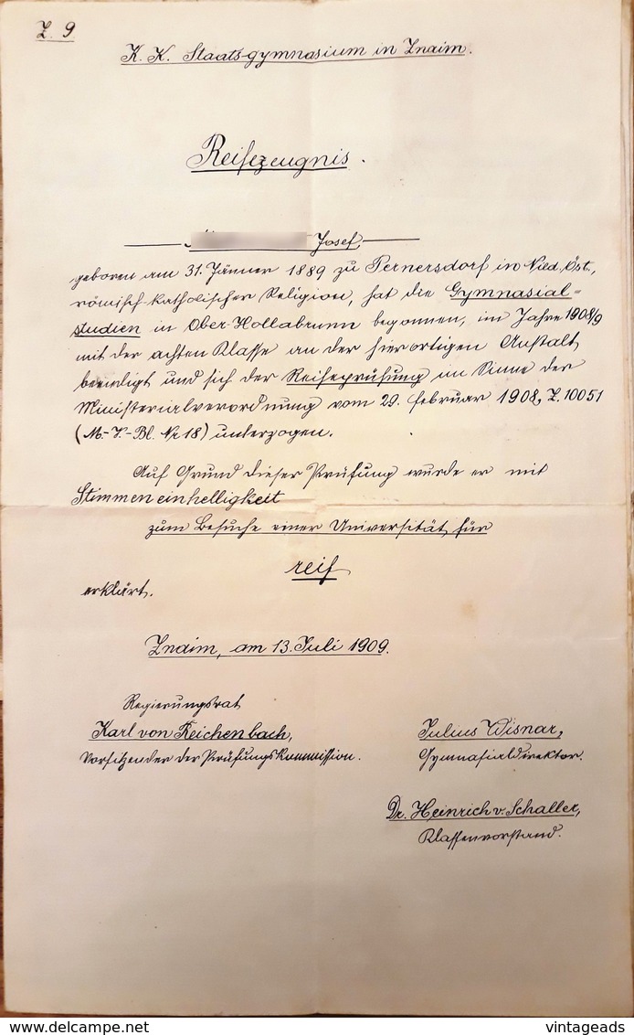 AD064 - Altes Zeugnis Schulzeugnis Reifezeugnis K.K.- Staats-Gymnasium Znaim 1909, Handgeschrieben - Diplômes & Bulletins Scolaires
