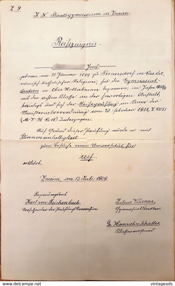 AD065 - Altes Zeugnis Schulzeugnis Reifezeugnis K.K.- Staats-Gymnasium Znaim 1909, Handgeschrieben - Diplome Und Schulzeugnisse