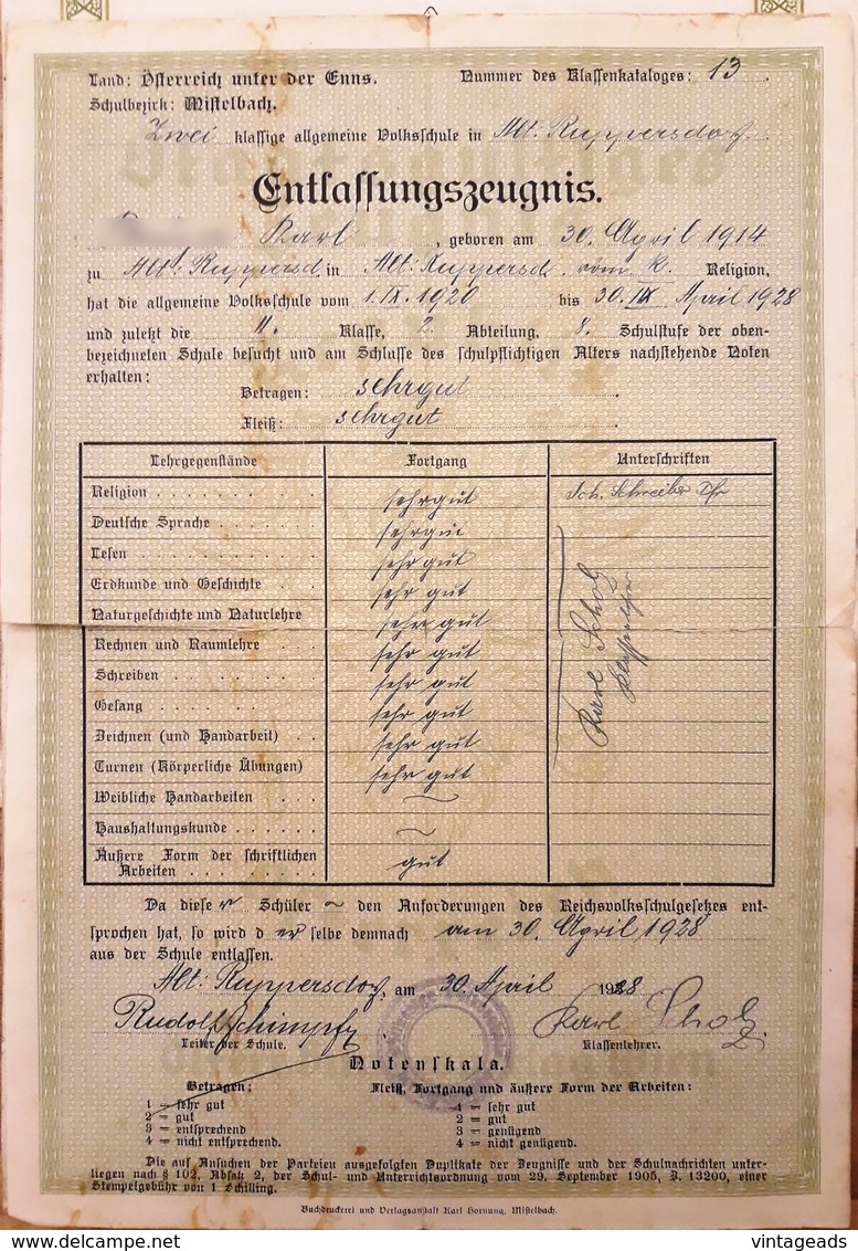 AD066 - Altes Zeugnis Schulzeugnis Entlassungszeugnis Volksschule Ruppersdorf - Mistelbach, 1928 - Diplome Und Schulzeugnisse