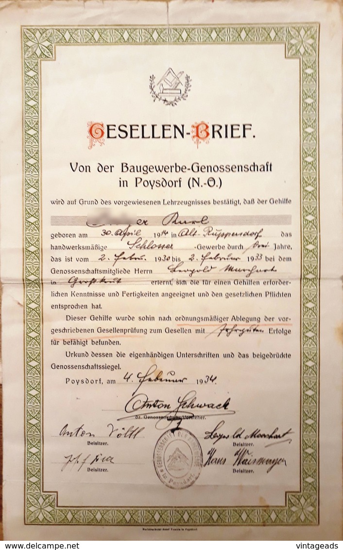 AD067 - Alter Gesellenbrief Baugewerbe-Genossenschaft Poysdorf Niederösterreich, 1934 - Diplome Und Schulzeugnisse