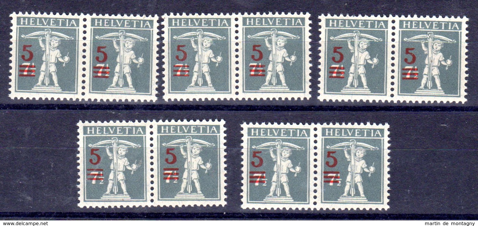 1921; Walter Tell - Tellknabe, 5 Auf 7 1/2 Rp ; Mi-Nr. 158 II;  5 Paare; Postfrisch **, Gem. Scan, Los 50572 - Nuovi