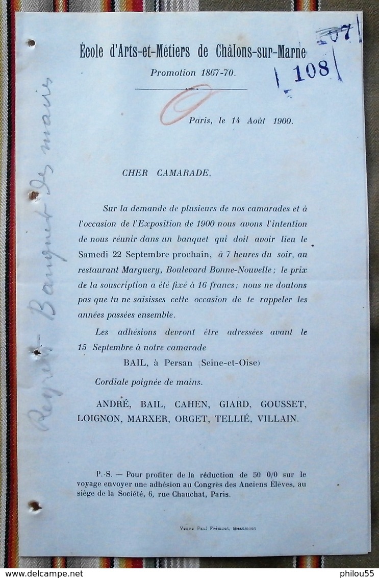 51 CHALONS SUR MARNE Ecole Arts Metiers GADZARTS FIGNOS Promo 1867-70 - Non Classés