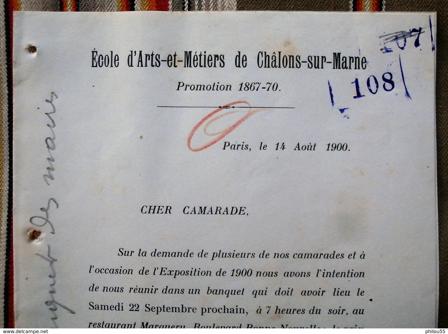 51 CHALONS SUR MARNE Ecole Arts Metiers GADZARTS FIGNOS Promo 1867-70 - Non Classés