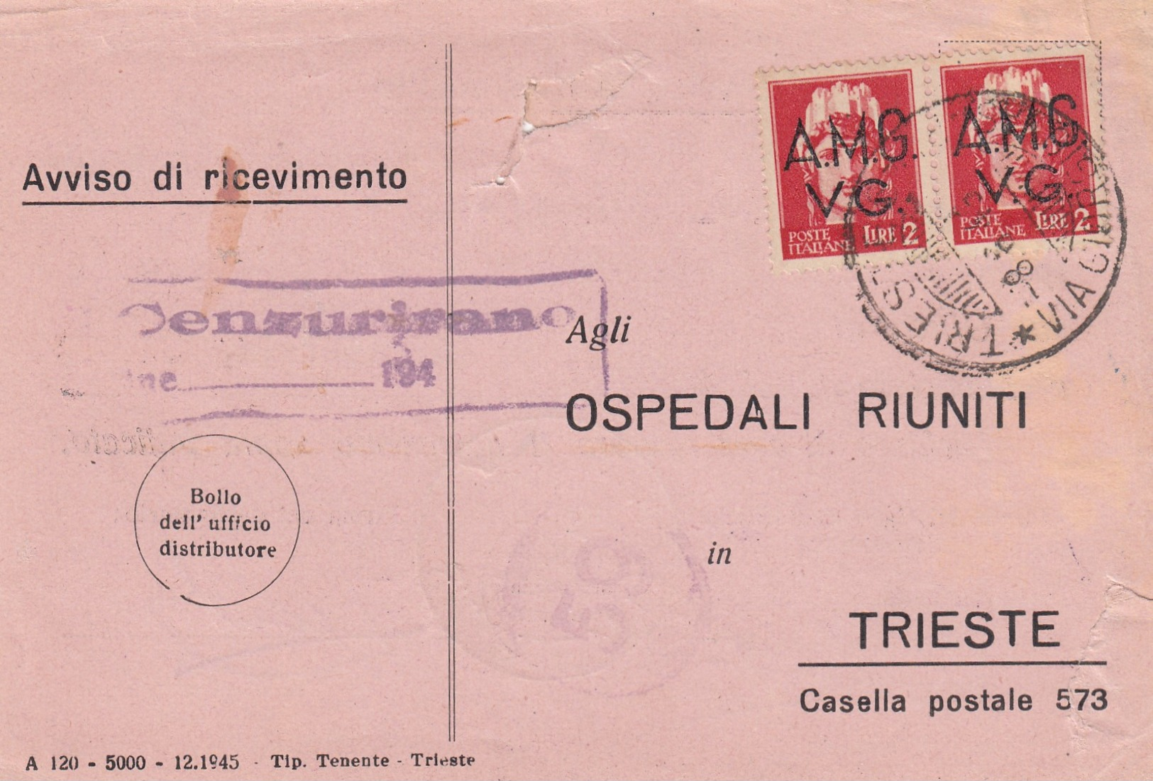 Trieste 1946 Postal Receipt Sent From Trieste (AMG VG, Zone A) To Zone B  Rare Postmark ŠMARJE PRI KOPRU, Censored - Yugoslavian Occ.: Istria