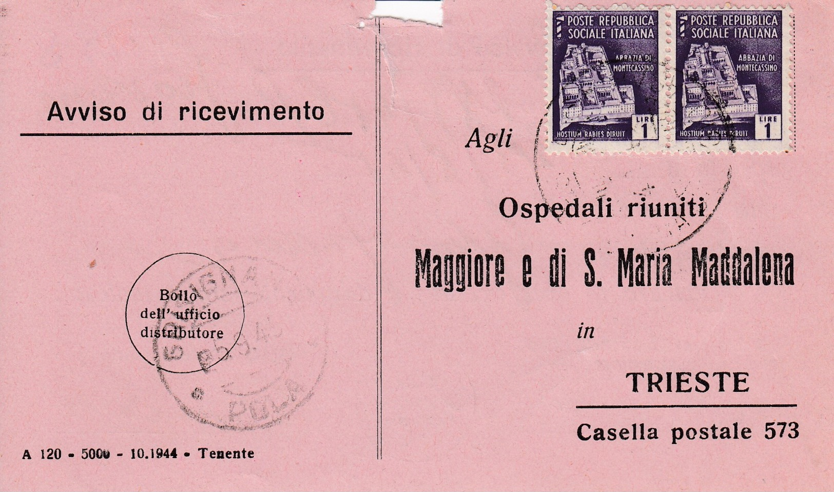 Trieste 1945 Postal Receipt Sent From Trieste Franked With RSI Stamp To Zone B  Rare Postmark GRISIGNANO /  POLA - Jugoslawische Bes.: Istrien