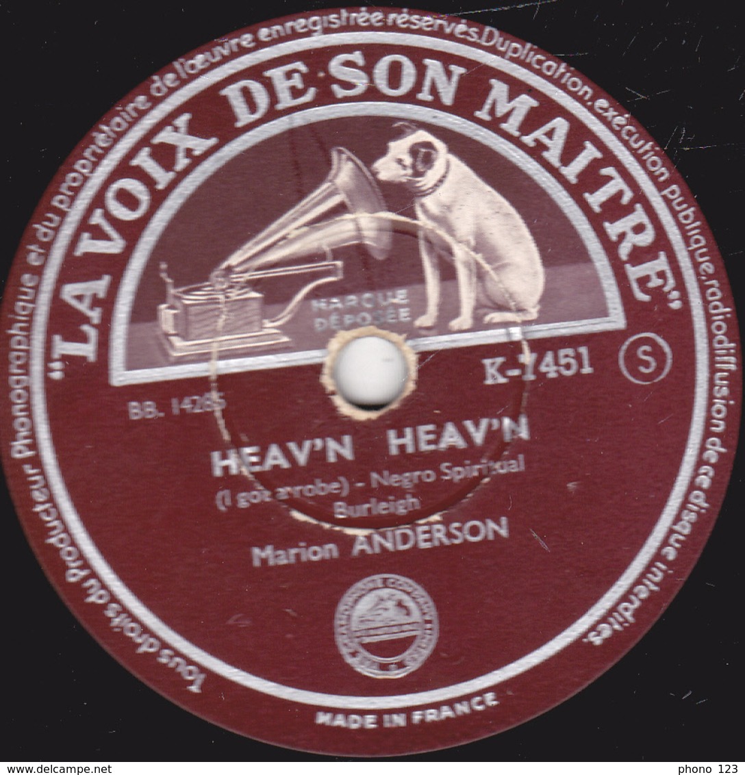 78 Trs - 25 Cm - état TB - Marion ANDERSON - DEEP RIVER - HEAV'N HEAV'N - 78 T - Disques Pour Gramophone