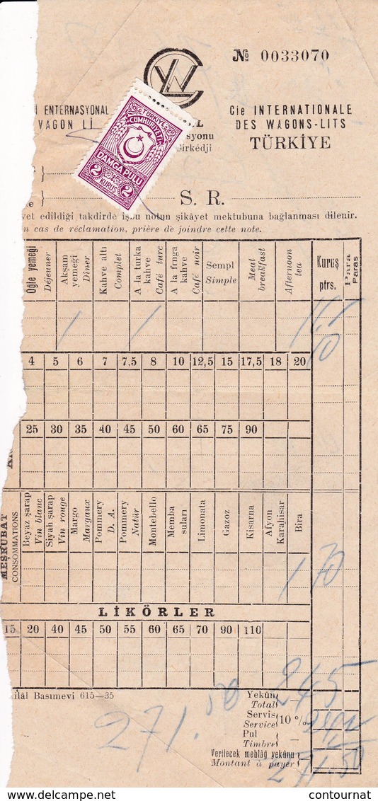 Billet Train Timbré  Cie Internationale De WAGONS LITS  ISTANBUL Turquie  A93 - Transports