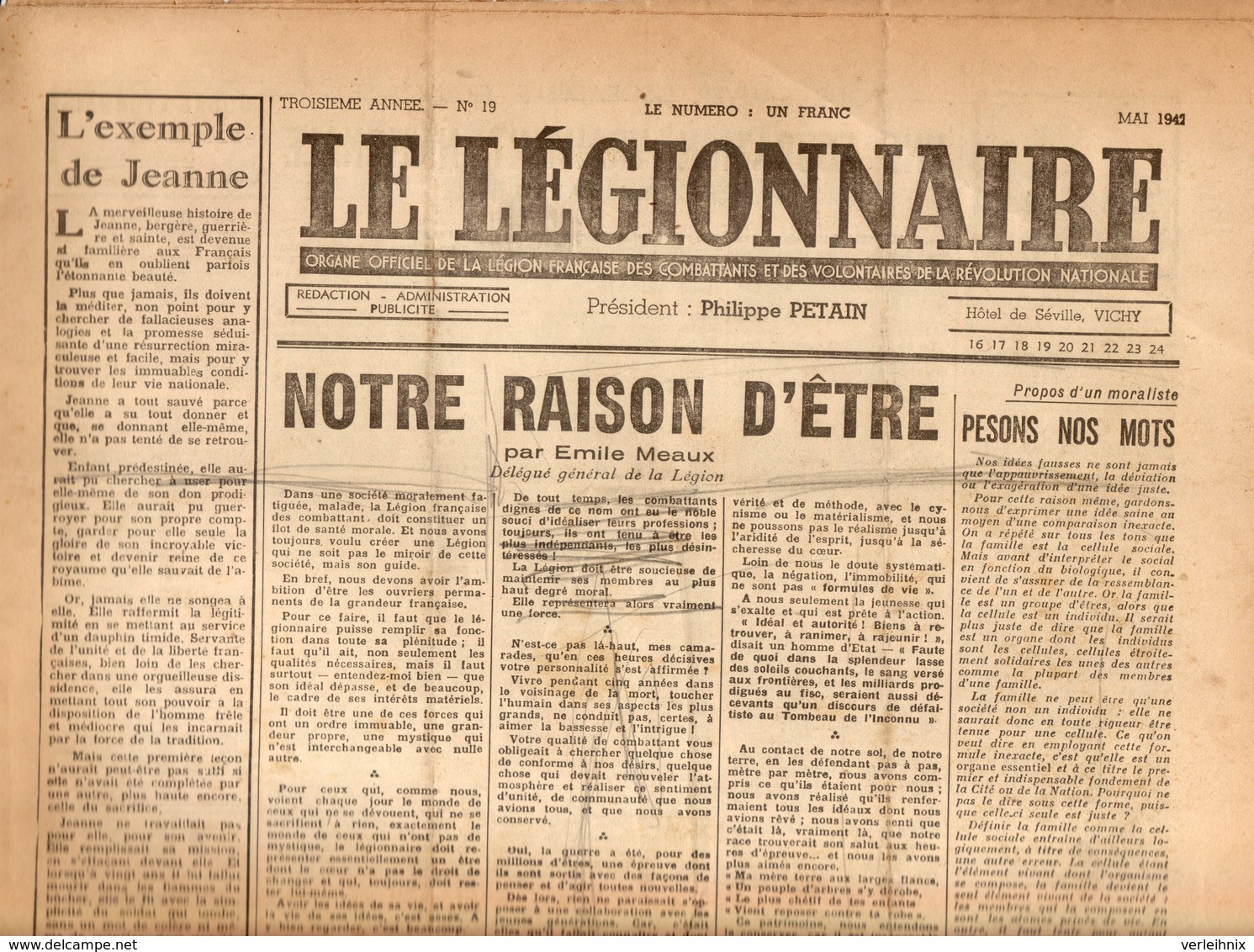 Le Légionnaire - Organe Officiel De La Légion Française Des Combattants Nr. 19 Mai 1942 - 1939-45