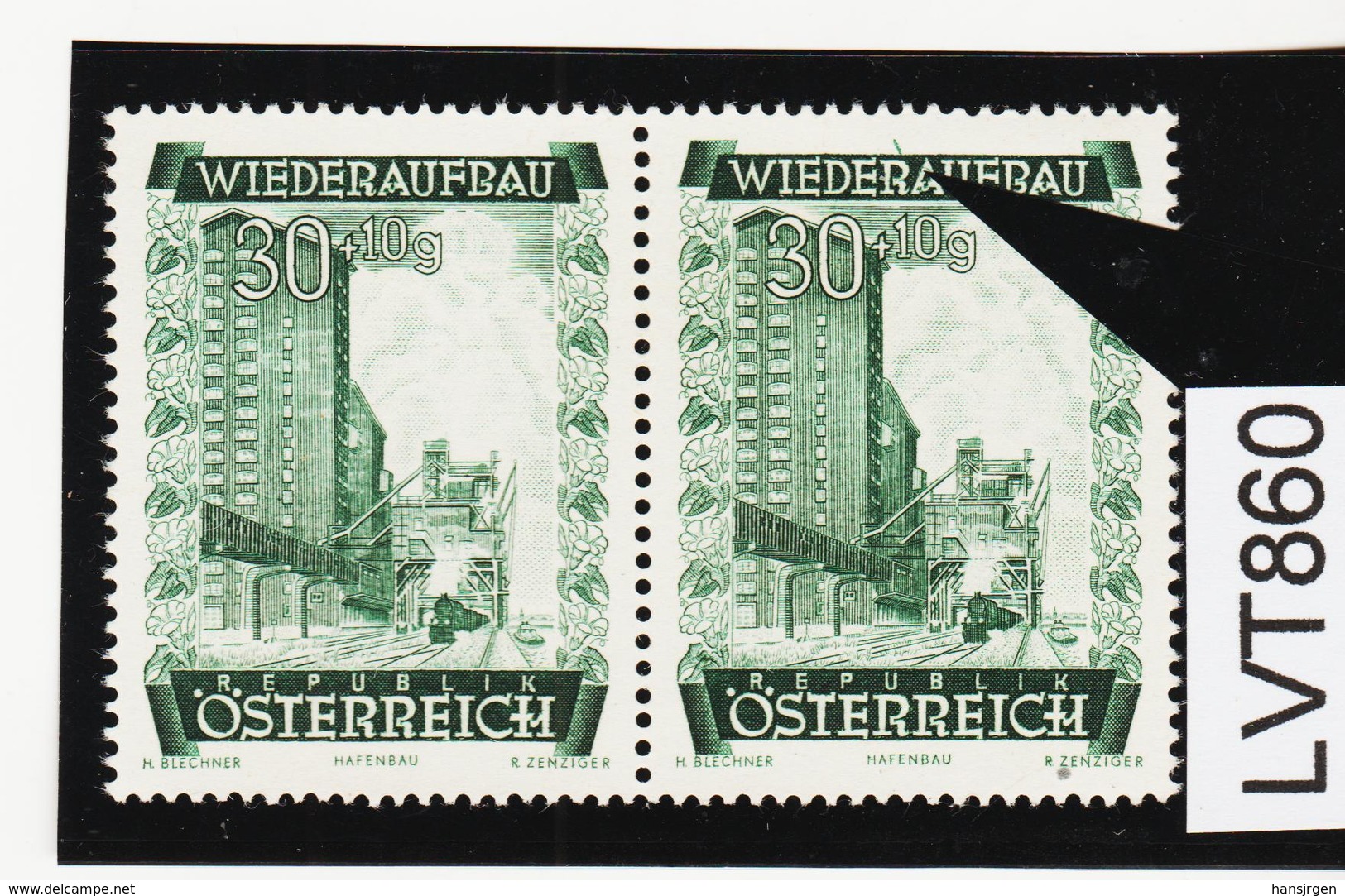 LTV860 ÖSTERREICH 1948 Michl 860 PLATTENFEHLER  FARBSTRICH MARKENRAND ** Postfrisch - Abarten & Kuriositäten