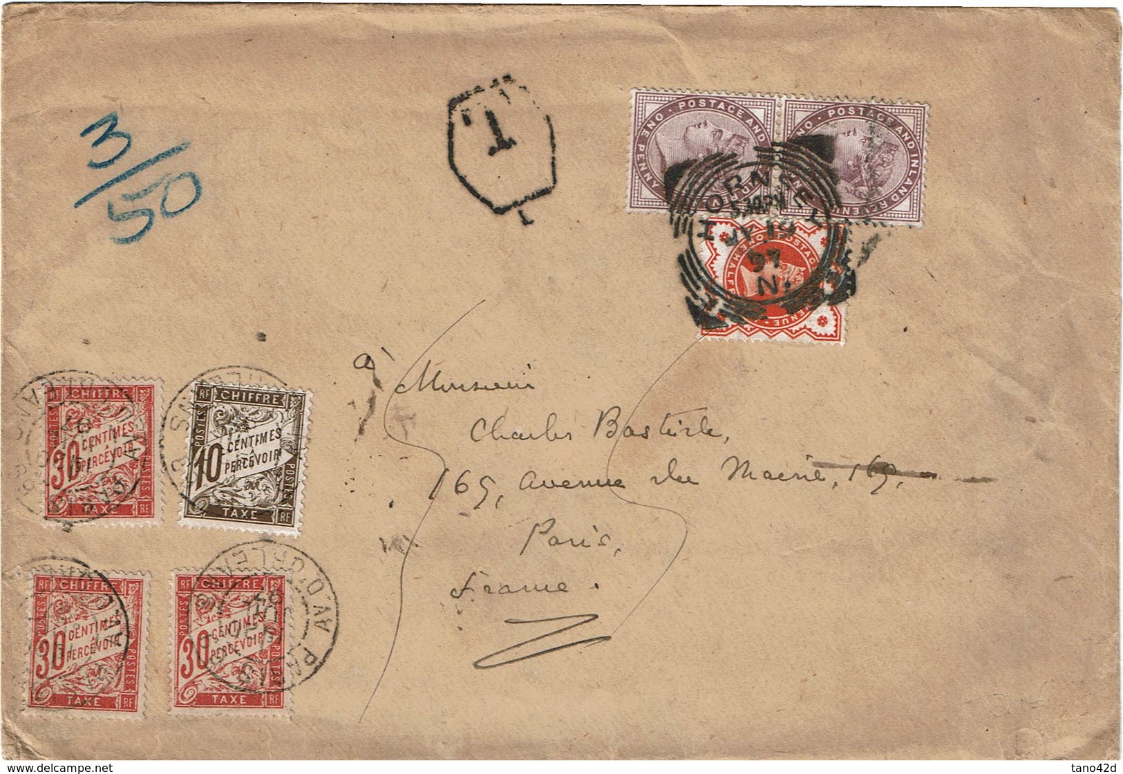 CTN54C- GRANDE BRETAGNE LETTRE HORNSEY / PARIS19/7/1897 TAXEE  A L'ARRIVEE - Covers & Documents