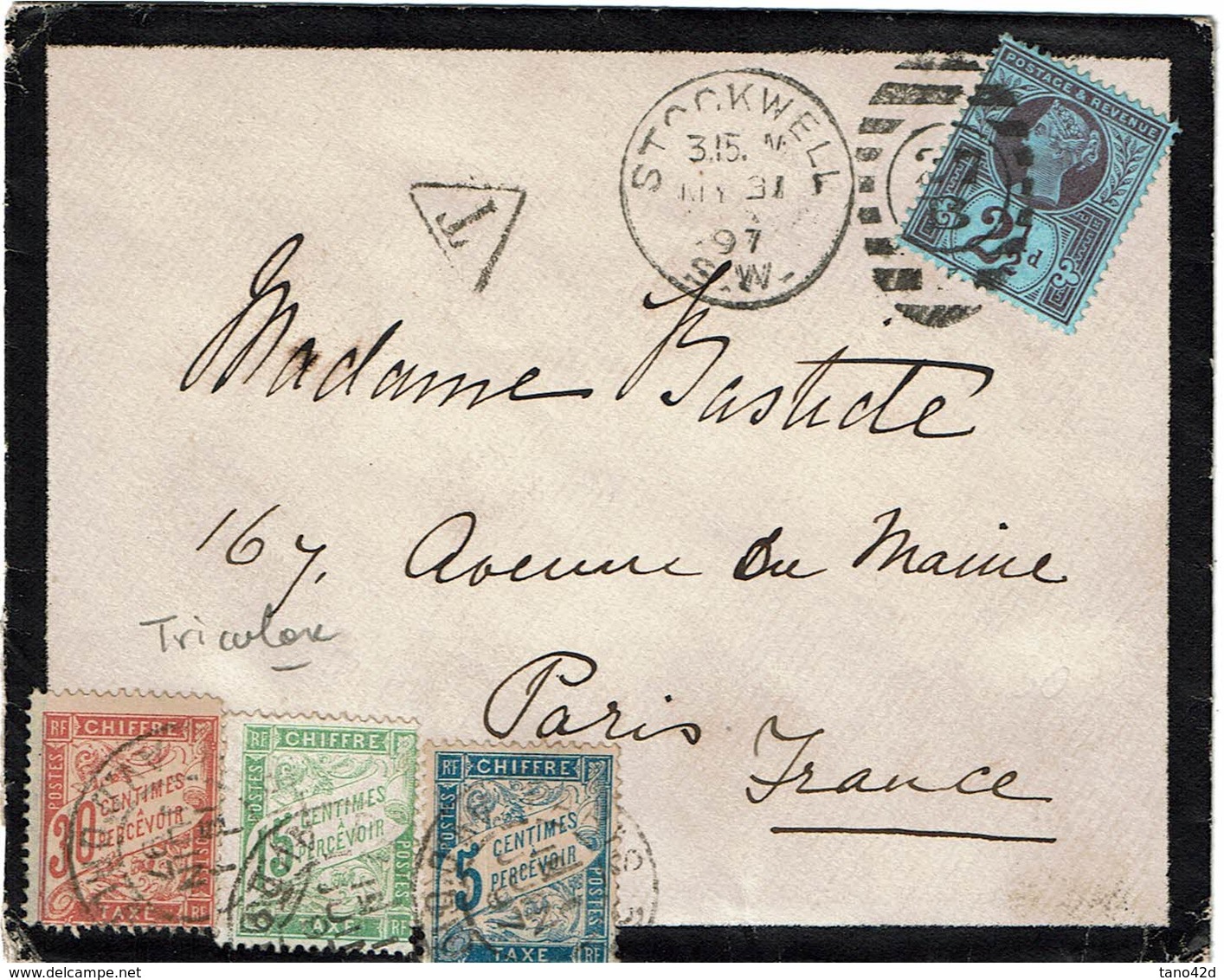 CTN54C- GRANDE BRETAGNE LETTRE STOCKWELL / PARIS MAI 1897 TAXEE  A L'ARRIVEE - Covers & Documents