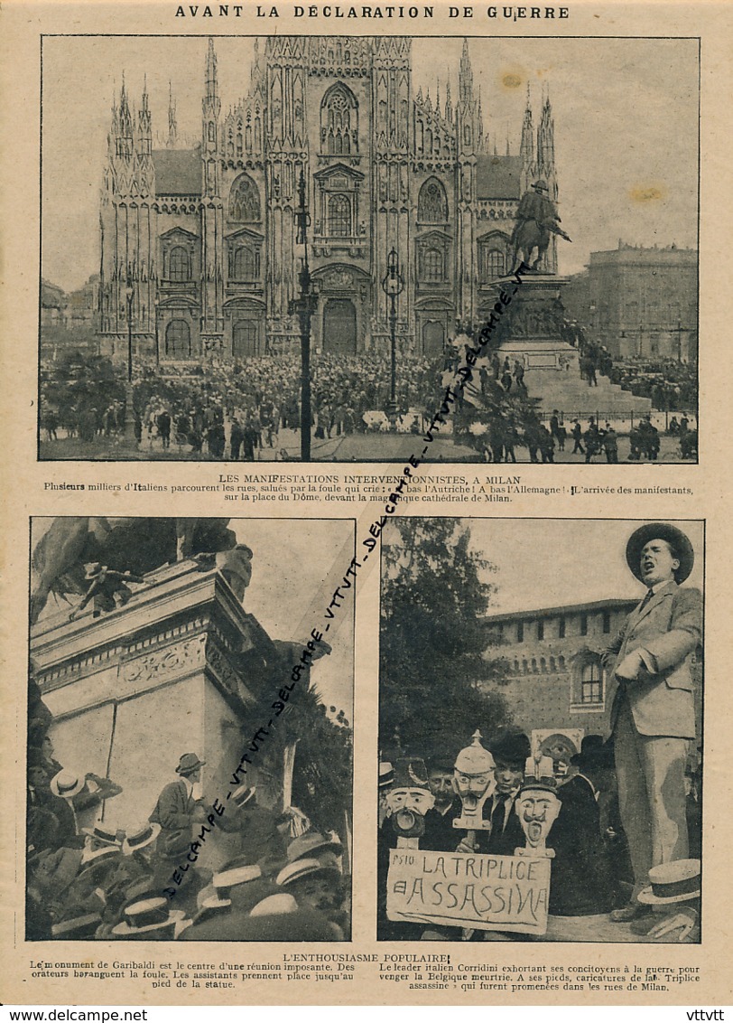GUERRE 14-18 : Document, Manifestation à Milan Place Du Dôme, Monument De Garibaldi, Leader Italien Corridini, Triplice - 1914-18
