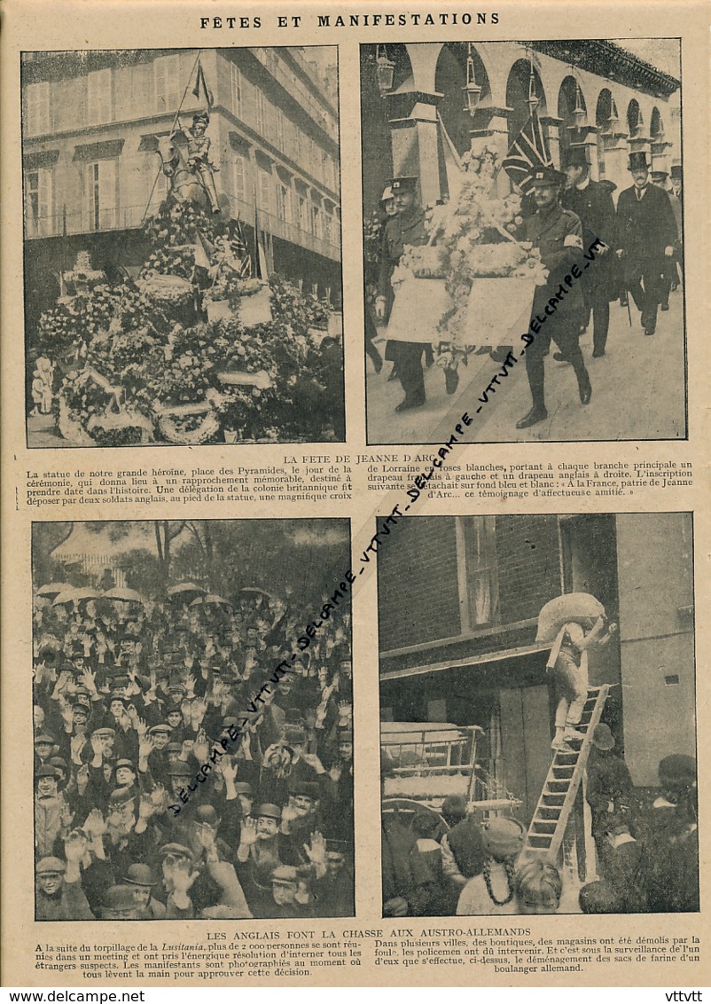 GUERRE 14-18 : Document, Fête De Jeanne D'Arc Place De Pyramides à Paris, Les Anglais Font La Chasse Aux Austro-Allemand - 1914-18