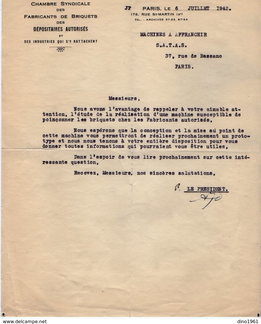 VP13.361 - PARIS 1942 - Lettre De La Chambre Syndicale Des Fabricants De Briquets + La Réponse De La Société S.A.T.A.S. - Documentos