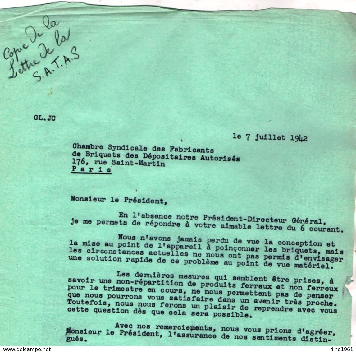 VP13.361 - PARIS 1942 - Lettre De La Chambre Syndicale Des Fabricants De Briquets + La Réponse De La Société S.A.T.A.S. - Documentos