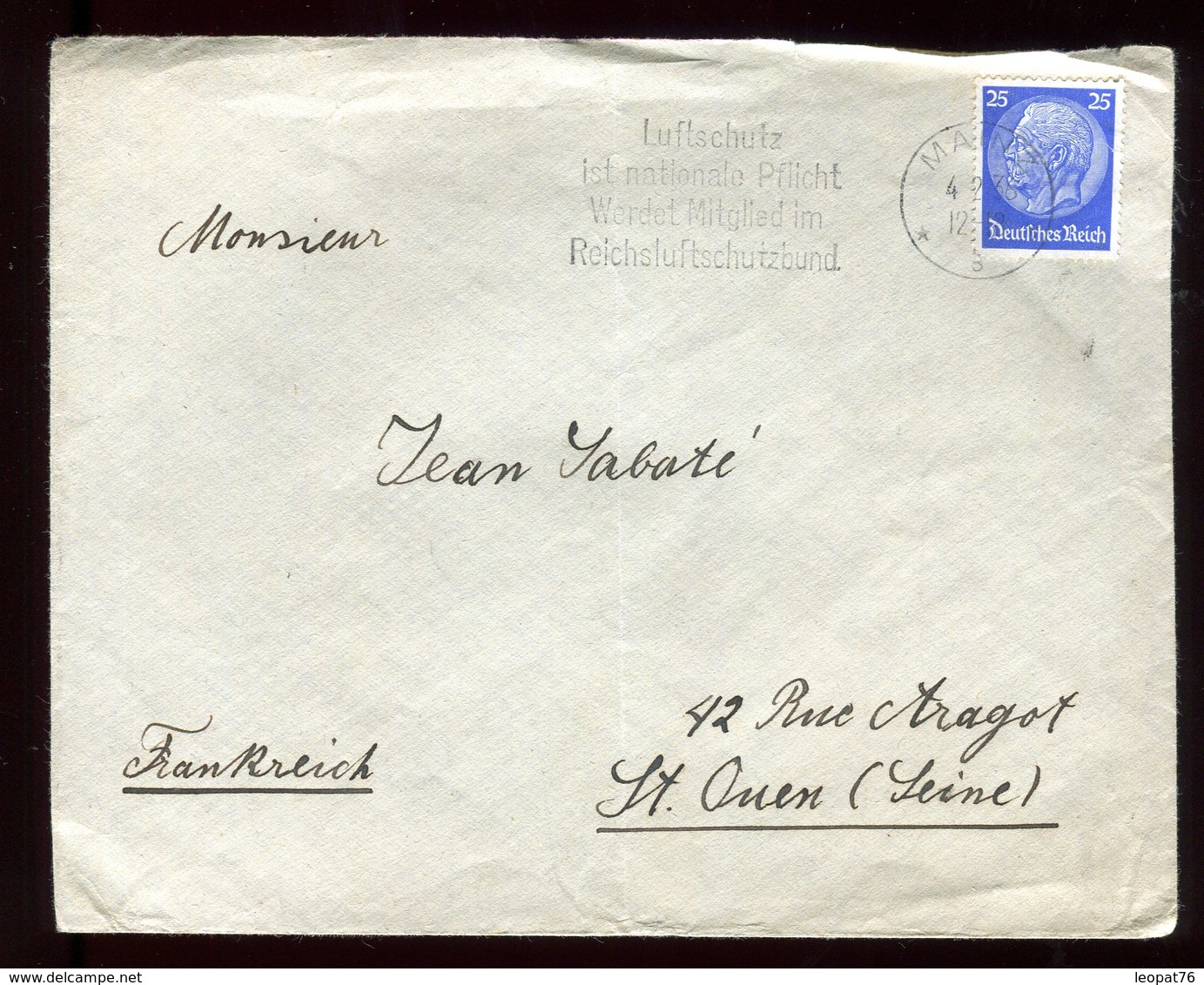 Allemagne - Enveloppe De Mainz Pour La France En 1936 - N104 - Briefe U. Dokumente