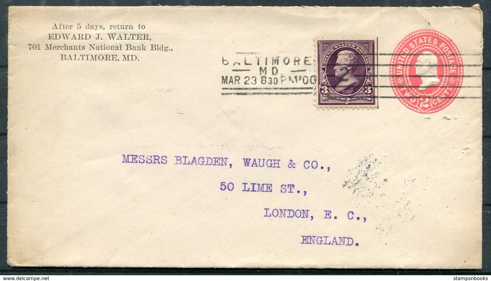 1900 Uprated Stationery Cover Edward J Walter, Baltimore (machine Cancel) - Lime Street, London, England - Covers & Documents