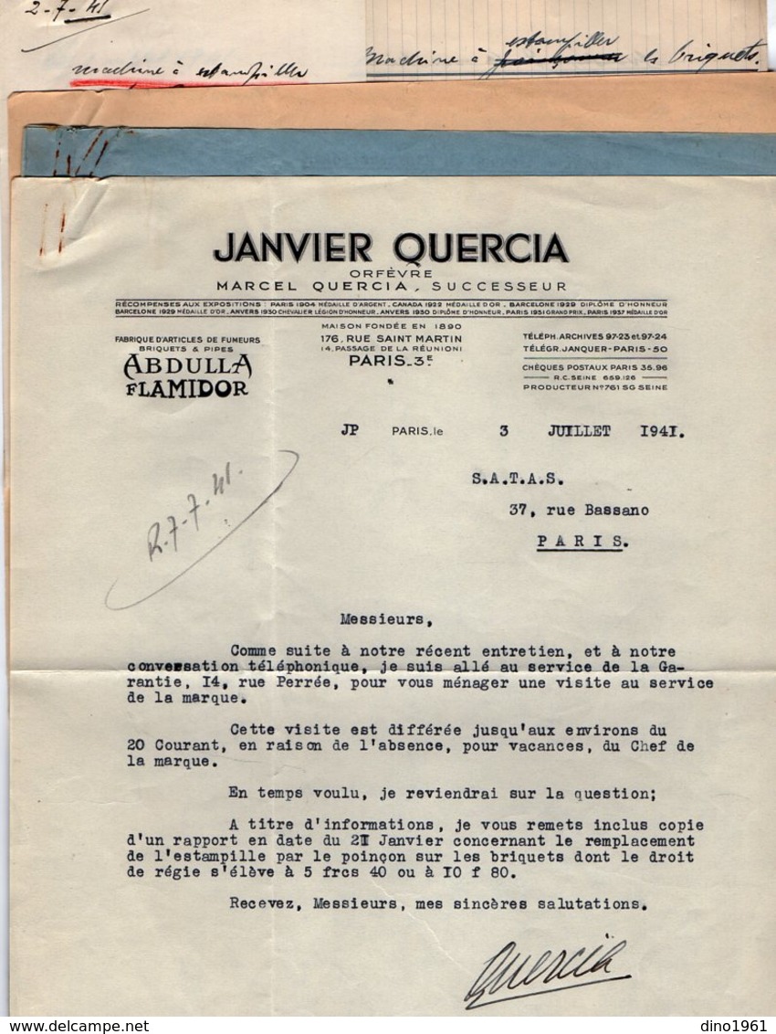 VP13.362 - PARIS 1941 - Lettre De M. QUERCIA Orfèvre Relative à L'Estampille Des Briquets + Réponse De La Sté S.A.T.A.S - Documentos