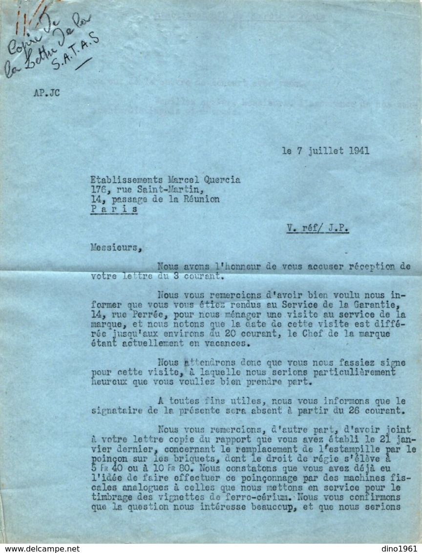 VP13.362 - PARIS 1941 - Lettre De M. QUERCIA Orfèvre Relative à L'Estampille Des Briquets + Réponse De La Sté S.A.T.A.S - Documentos