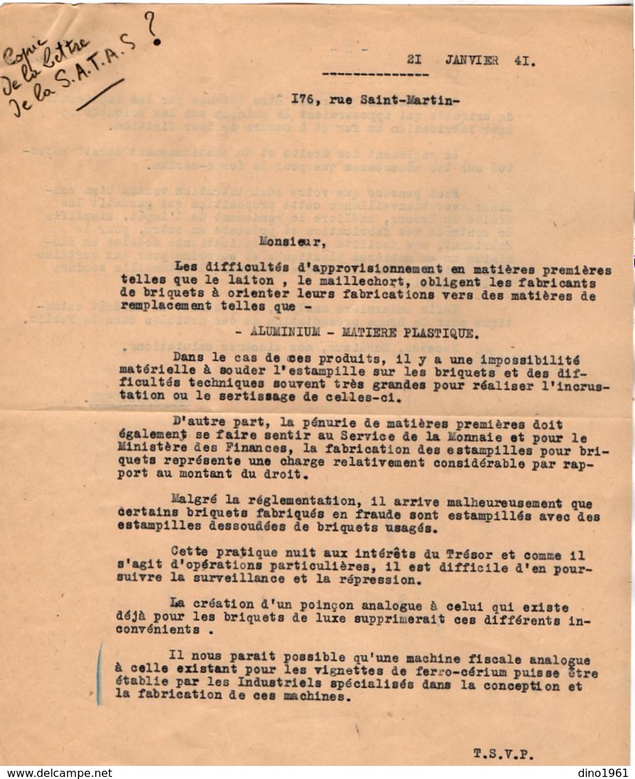 VP13.362 - PARIS 1941 - Lettre de M. QUERCIA Orfèvre relative à l'Estampille des Briquets + Réponse de la Sté S.A.T.A.S