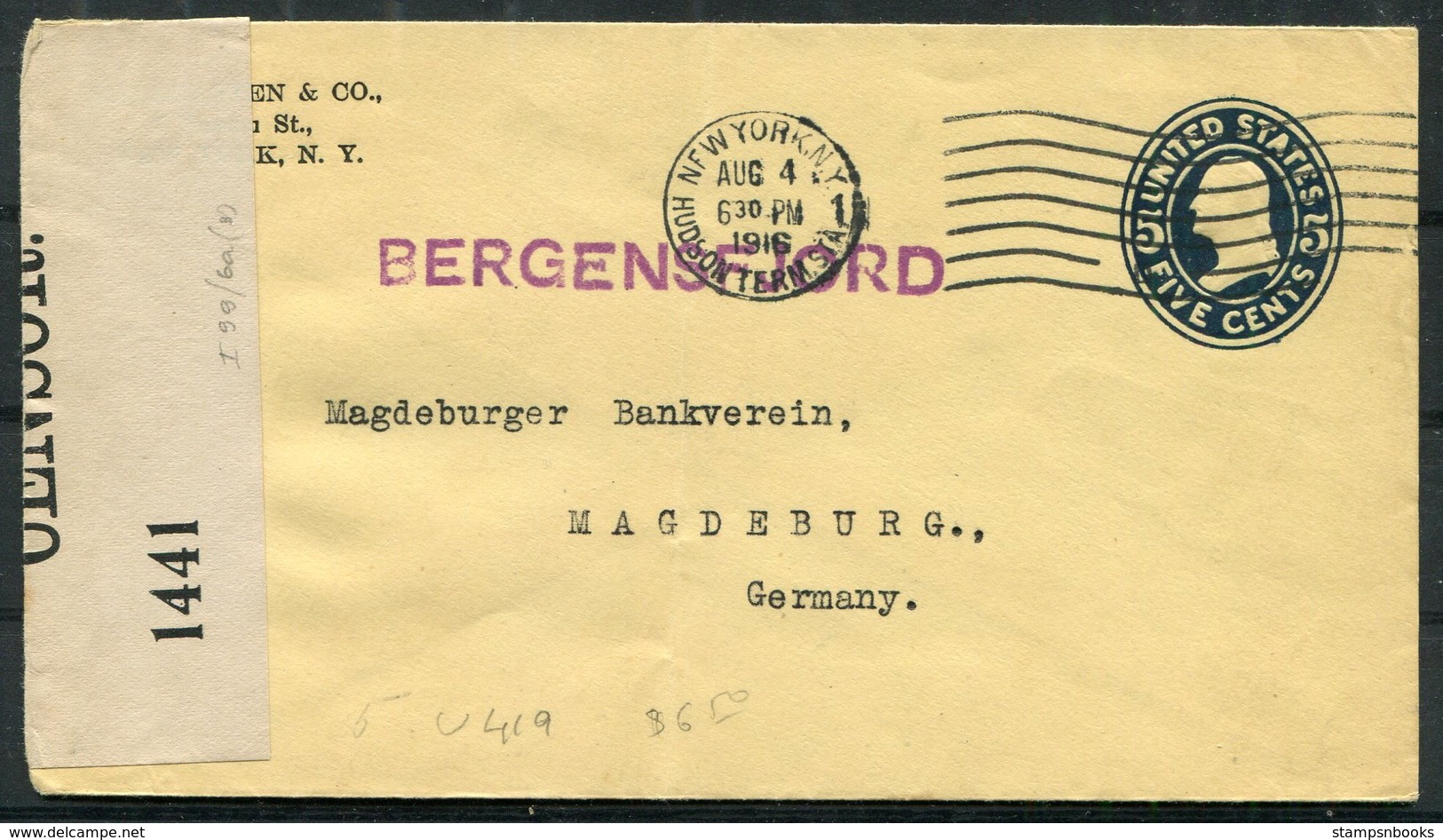 1916 USA 5c Stationery Cover Censor New York - Magdeburger Bankverein, Magdeburg Germany. SS Bergensfjord Ship. Bank - Covers & Documents