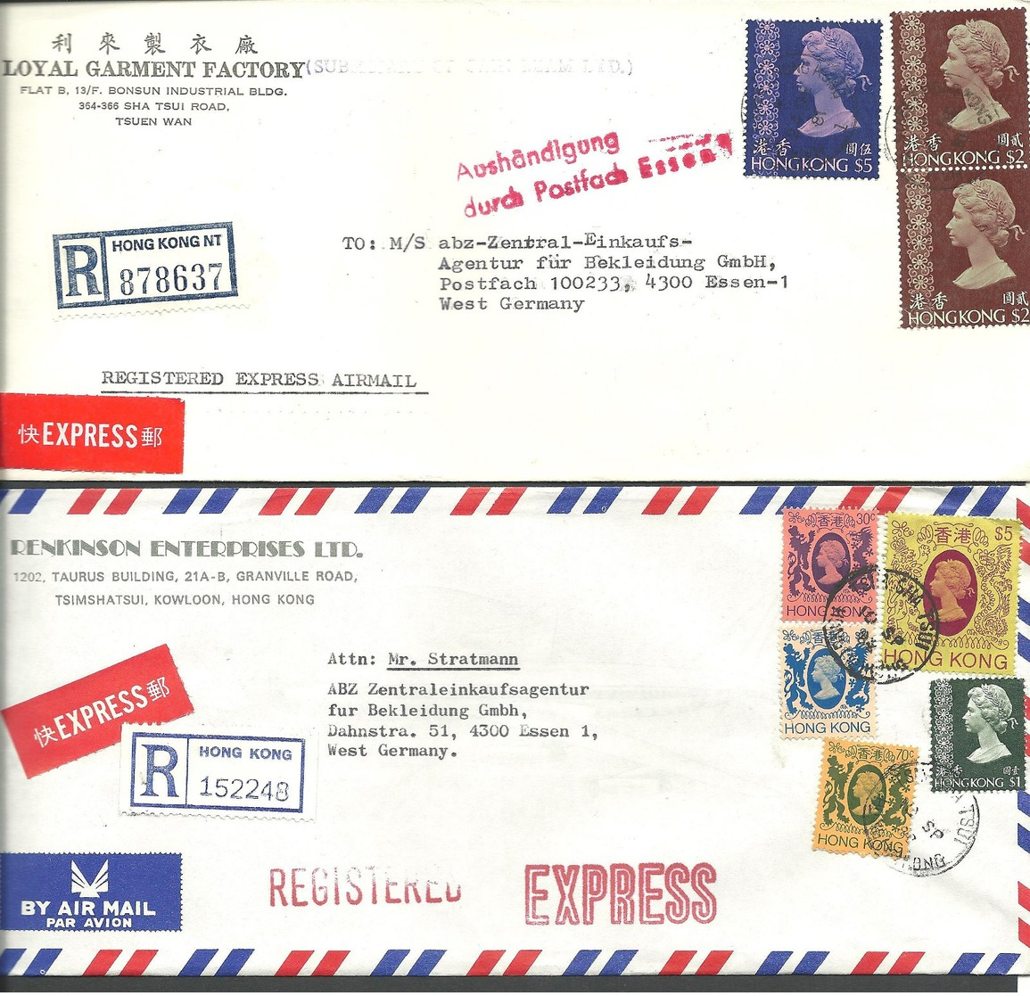 (335)   HongKong 6 Luftpost R.-Briefe Nach Deutschl. Mit Höheren Werten - Autres & Non Classés