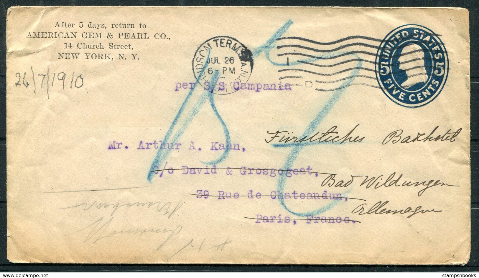 Stationery Cover, American Gem & Pearl Co. Church Street, NY - Arthur Kahn, David & Grosgogeat, Paris. SS CAMPANIA - Covers & Documents