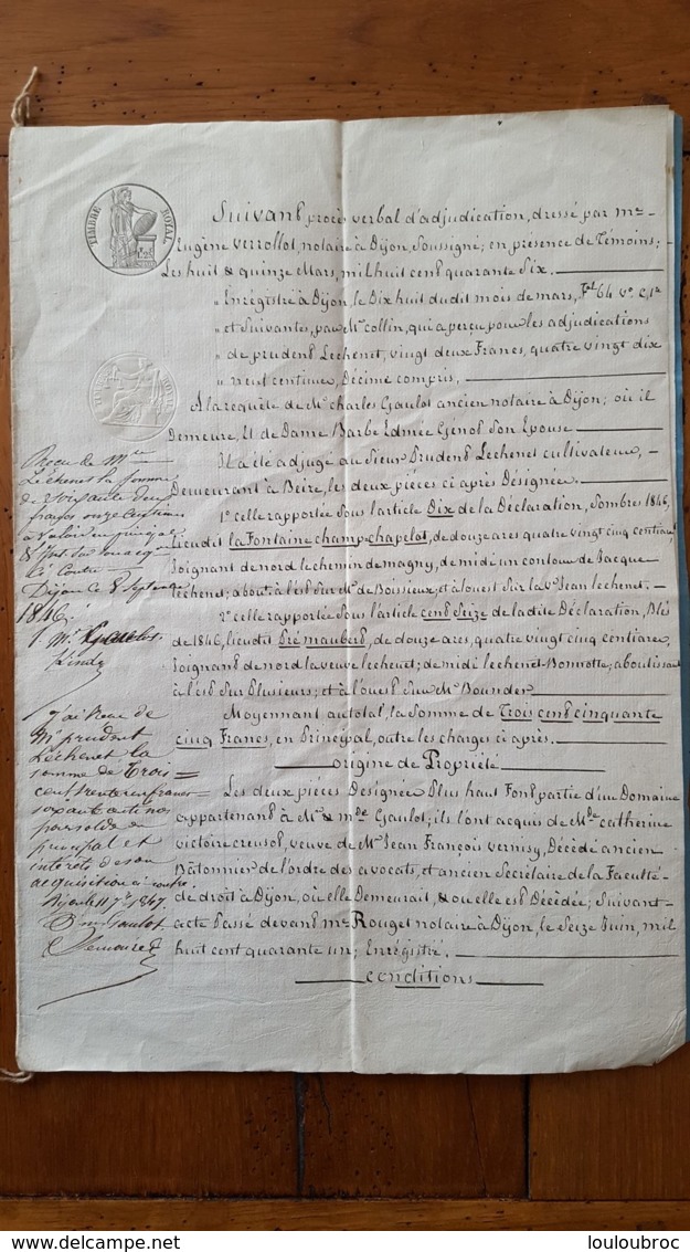 ACTE NOTARIE 03/1846 NOTAIRE DE DIJON ACHETEUR LECHENET PRUDENT  DEMEURANT A  BEIRE LE CHATEL - Historische Documenten