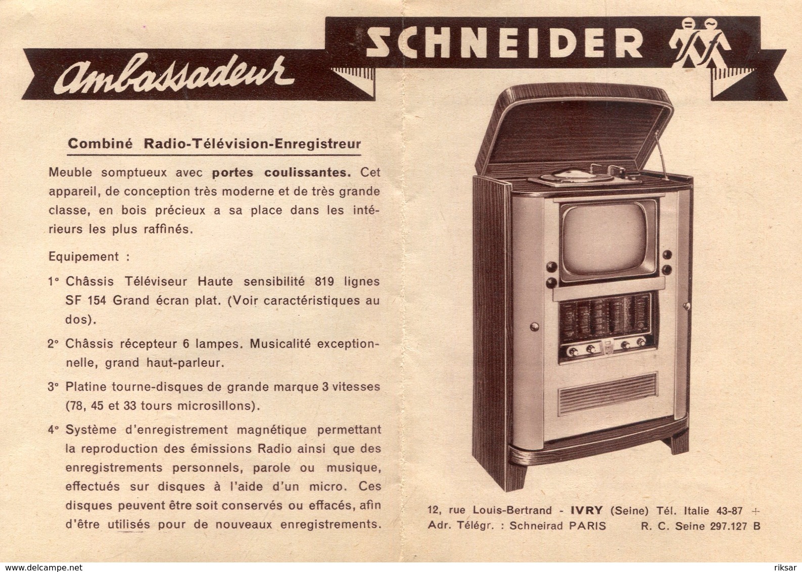 FIDELIO SCHNEIDER(PUBLICITE) RADIO TELEVISION ENREGISTREUR - Publicités