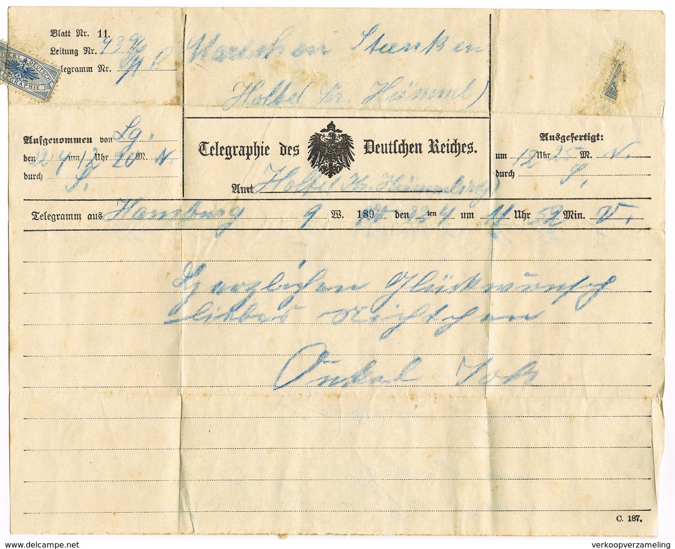 TELEGRAM   TELEGRAMME   Telegraphie Des Deutschen Reiches 189..... - Documents Historiques