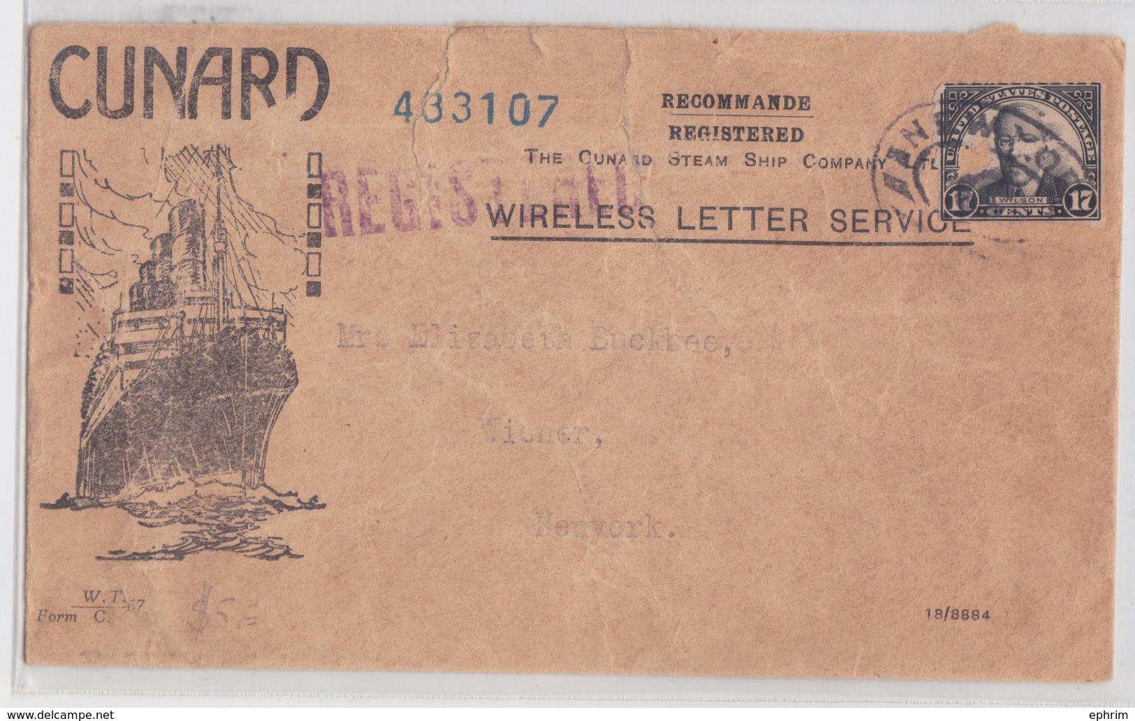 THE CUNARD STEAM SHIP COMPANY NYC RADIO DEPARTMENT GERMANIA WIRELESS REGISTERED LETTER SERVICE STEAMER LETTRE PAQUEBOT - Ships