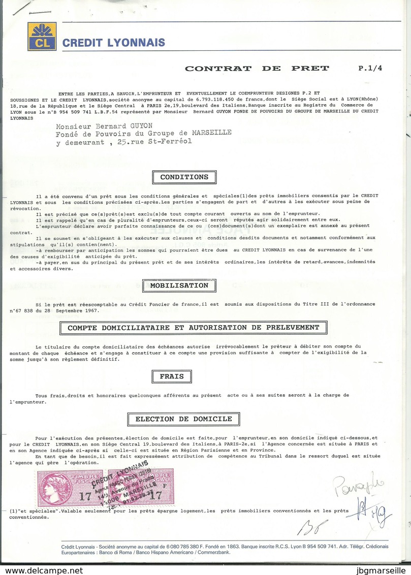Contrat De Prêt LCL Avec 9 Pages à  2x17fr Fiscal N°488  (1992 ).....à Voir 2 Pages..... - Autres & Non Classés