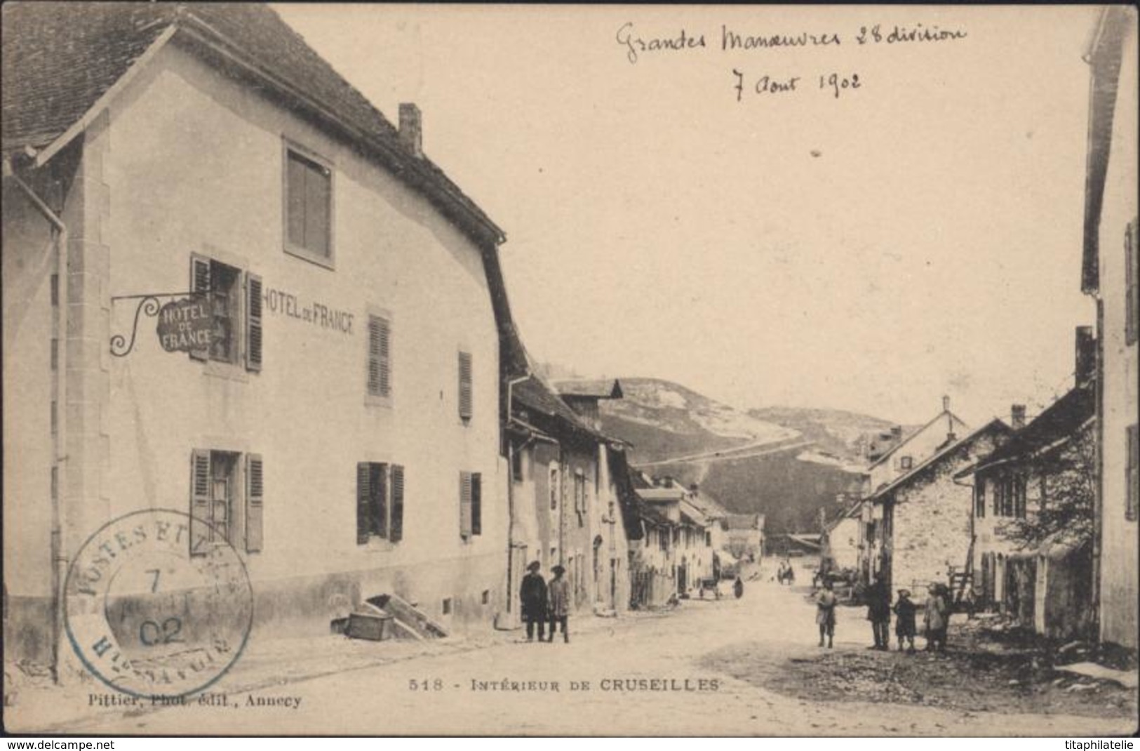 Sur CPA Intérieur De Cruseilles Cachet Bleu Postes Et Télégraphe Haute Savoie 7 Août 1902 Grandes Manœuvres 28 Division - Cachets Militaires A Partir De 1900 (hors Guerres)