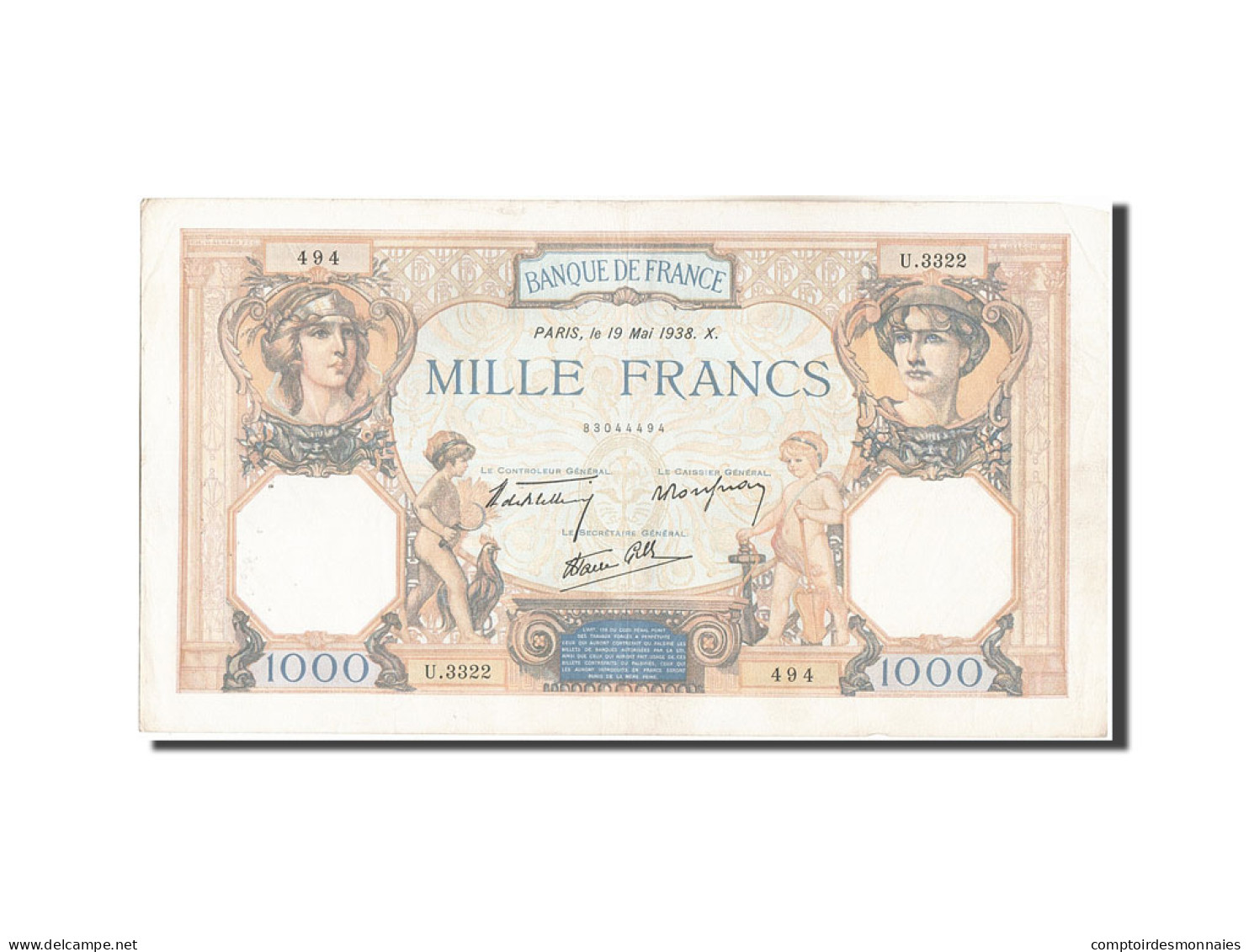 Billet, France, 1000 Francs, 1 000 F 1927-1940 ''Cérès Et Mercure'', 1938 - 1 000 F 1927-1940 ''Cérès Et Mercure''