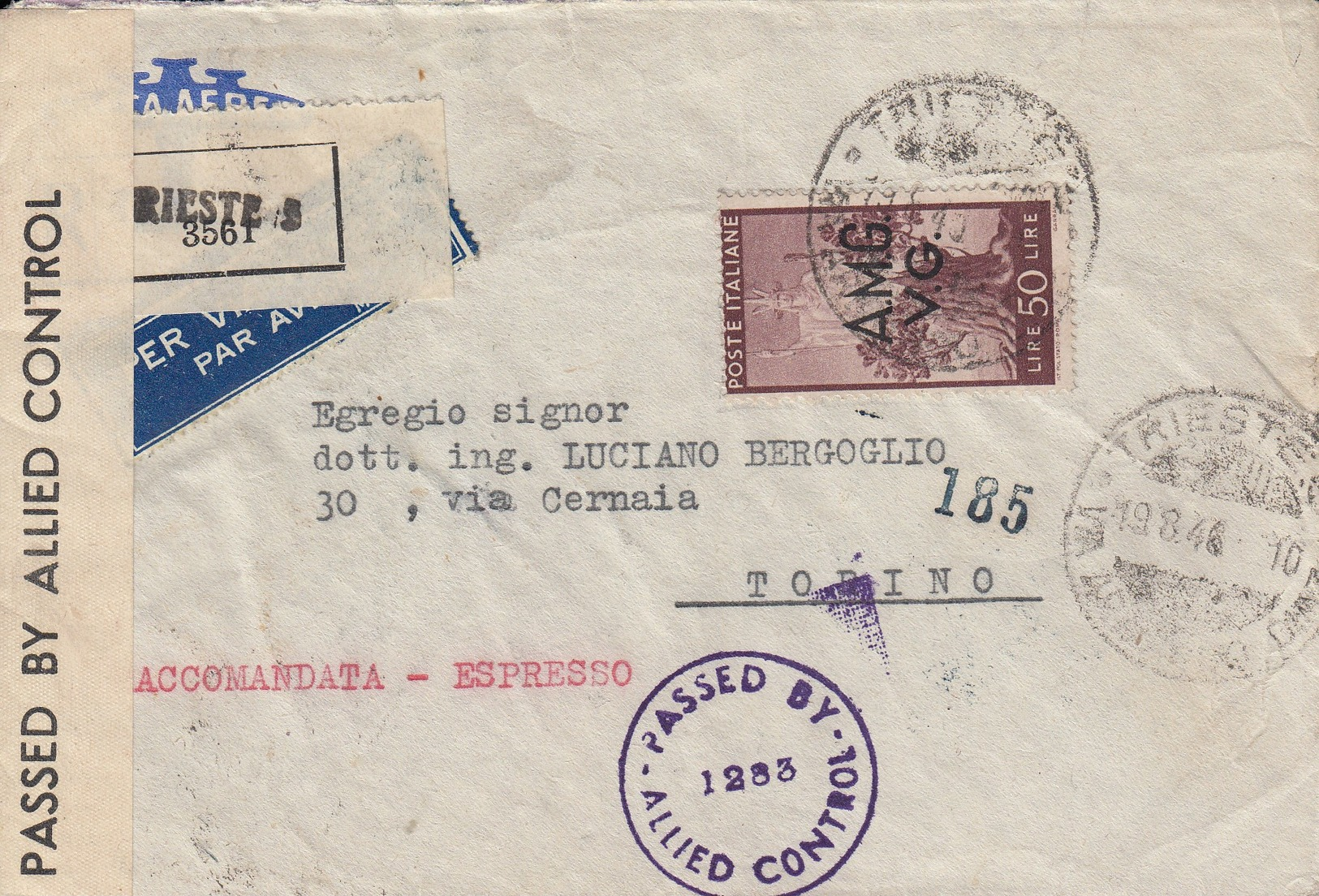 Trieste AMG VG 1946 Democratica 50 L On Registerred Express Letter, Censored - Marcophilia