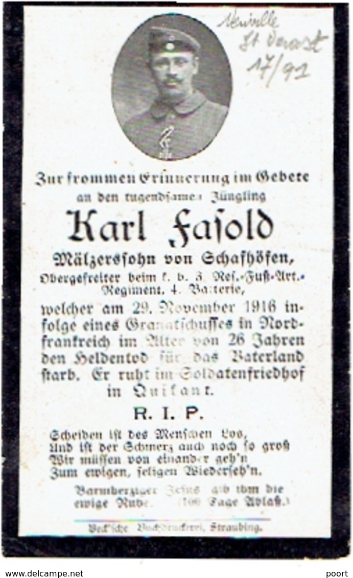 Sterbebild Karl FASOLD - Obergefreiter F.b.3 Res. Fuss Art.Rgt 4.Bat. - Gestorven 1916 - Begraven NEUVILLE ST. VAAST (F) - 1914-18